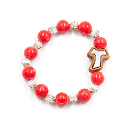 Bracciale Rosario elastico rosso con Tau inserto in metallo. Meir