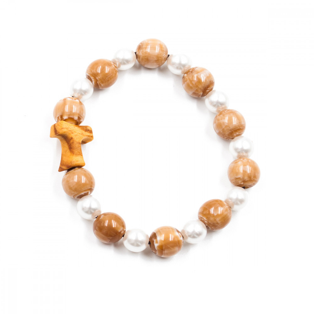 Bracciale decina del Rosario con perle e Tau in legno di ulivo. Meir